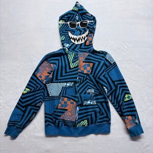 Volcom Zip Up Hoodie Graphic Print Shark Mouth Face Blue Boys Size M